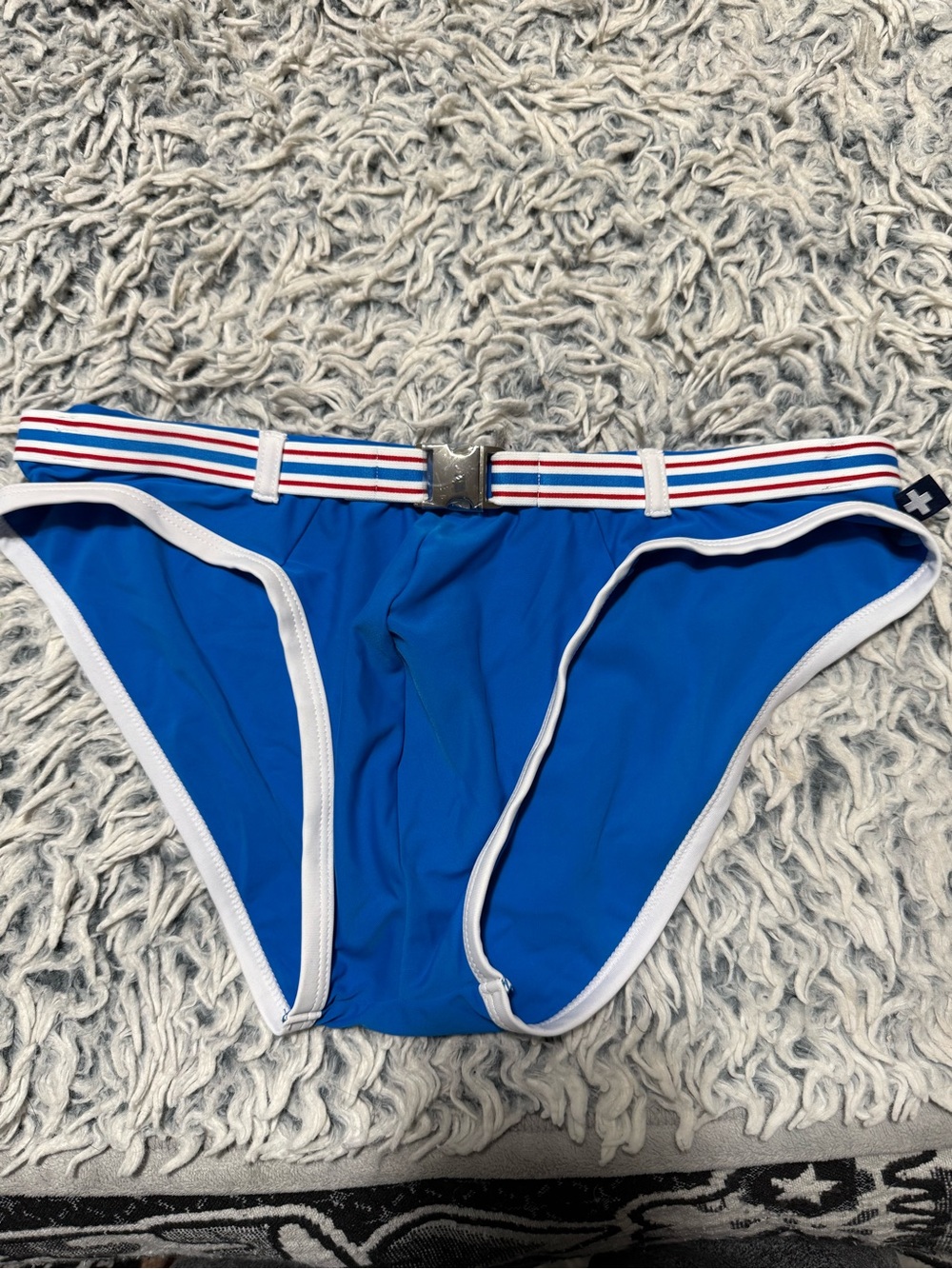 Blue Men's Andrew Christian Brief Swim Trunks with Striped Waistband. Large